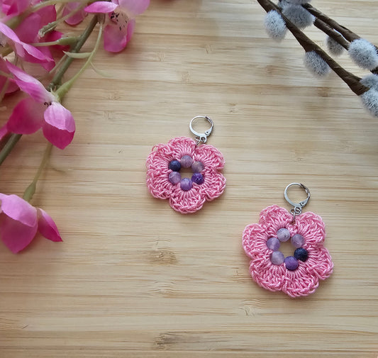 Crocheted flower earrings made from cotton thread, purple and pink with dragon agate beads