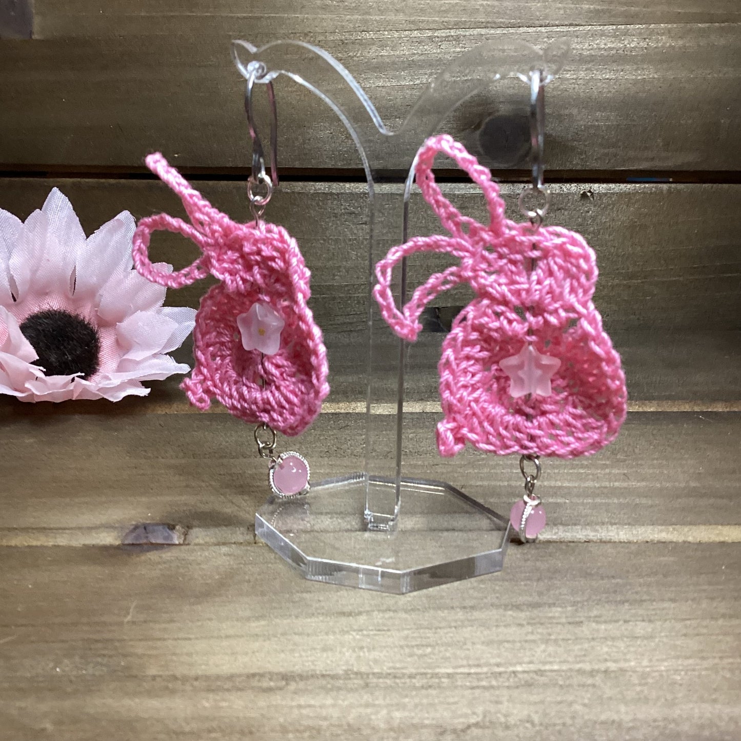 crochet pink bunny earring with stars