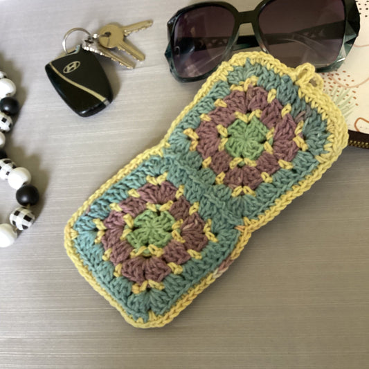 Chic Sun glass case purple, yellow green made of cotton granny square, crochet soft case