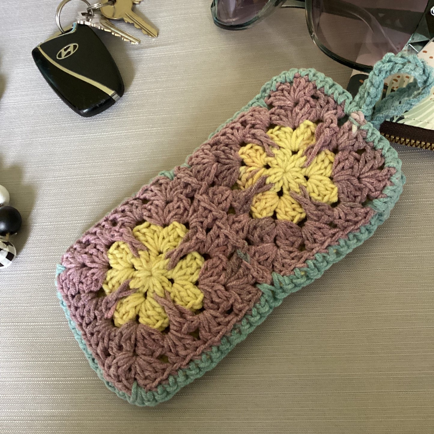 Chic Sun glass case purple, yellow green made of cotton granny square, crochet soft case