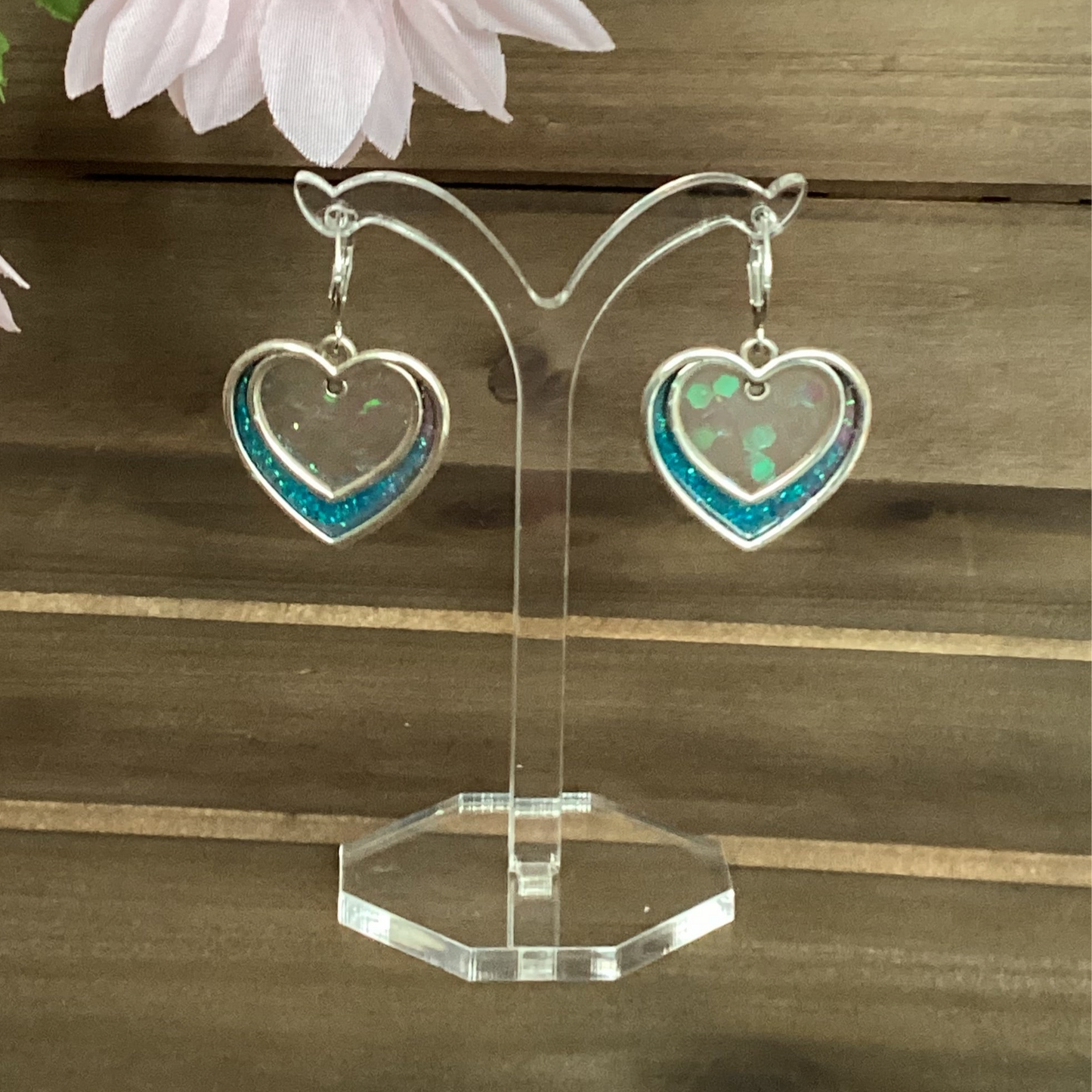 heart resin earrings sparkle blue