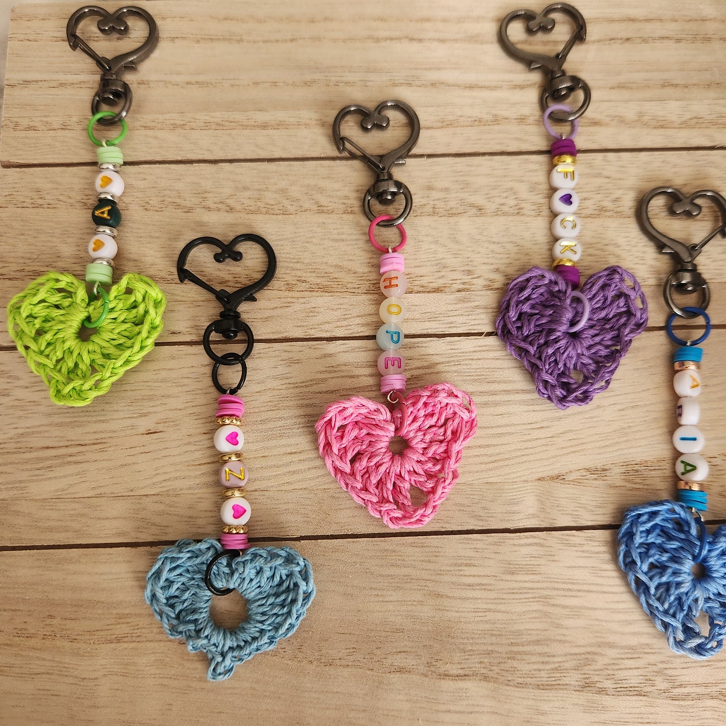 heart keychains pink, purple, blue and green personalized keychain with crochet heart