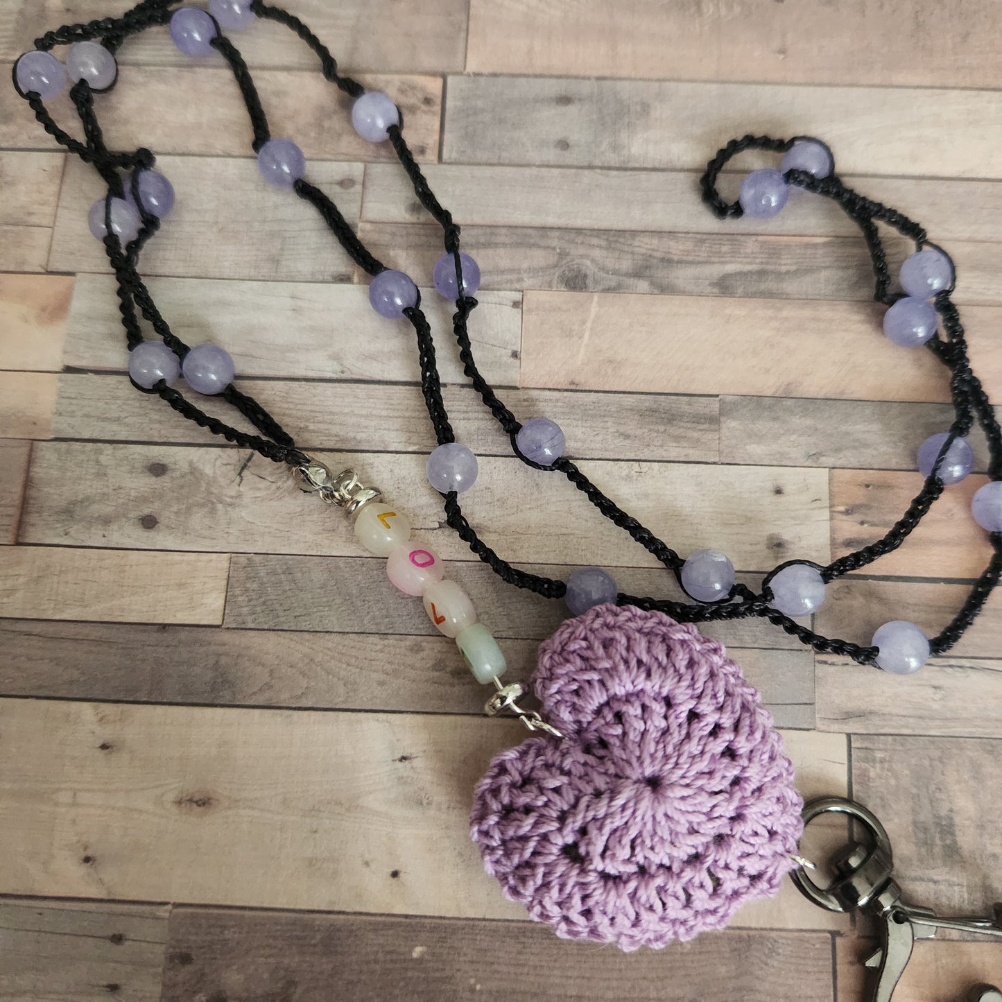heart lanyard cotton crochet purple heart , black s-lon cord with purple dyed quartz beads, and the word love
