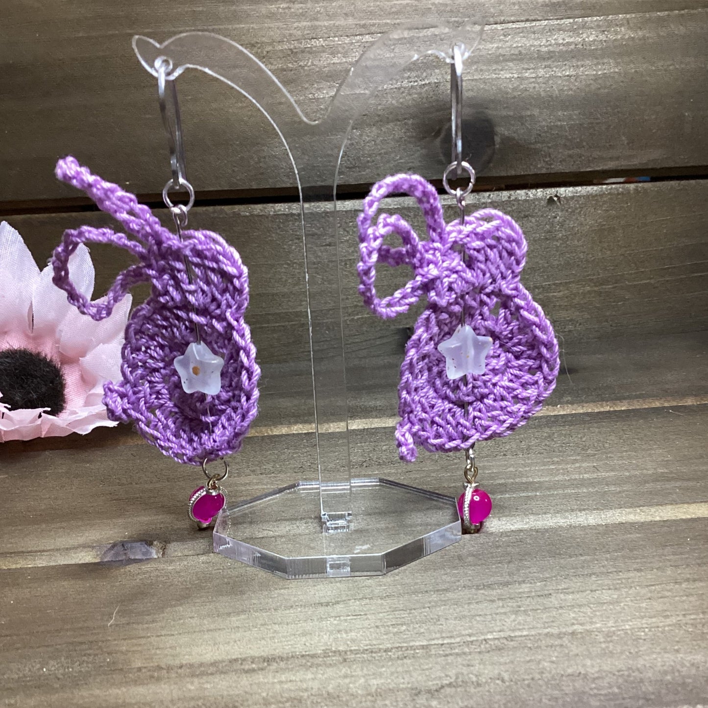 crochet purple bunny earring with stars