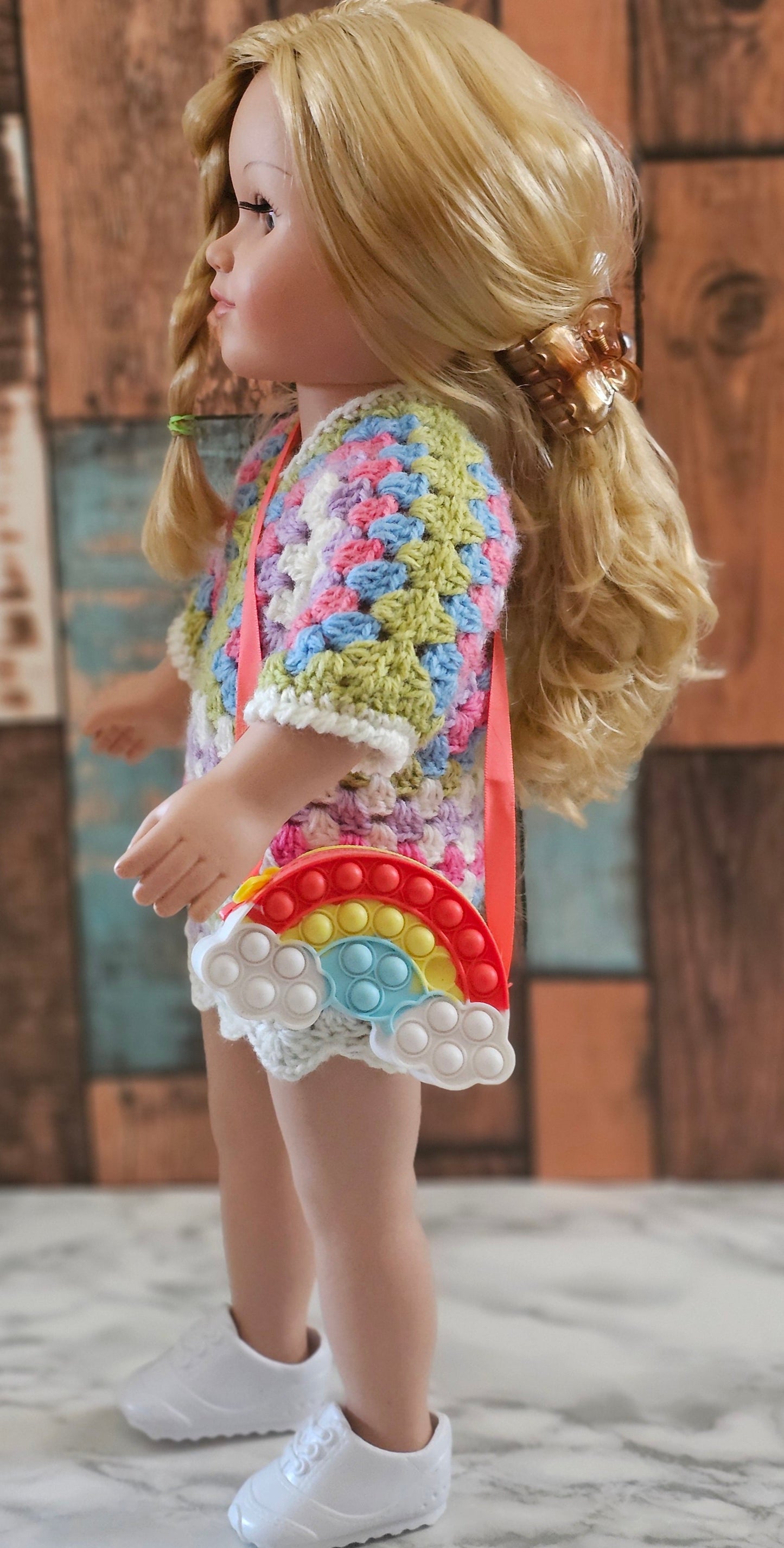 crochet doll dress in colors white pink purple blue and green for 18 inch dolls