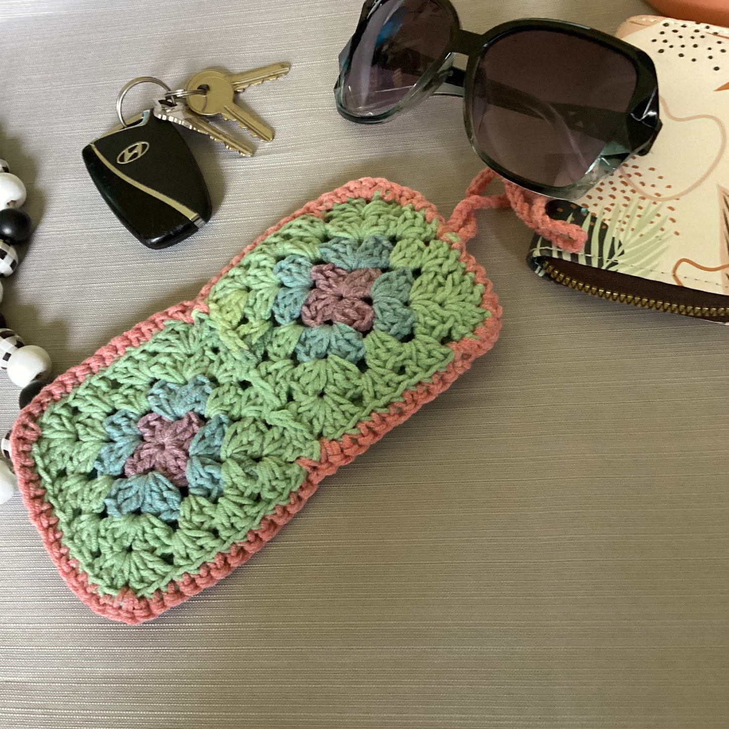 Chic Sun glass case purple, yellow green made of cotton granny square, crochet soft case