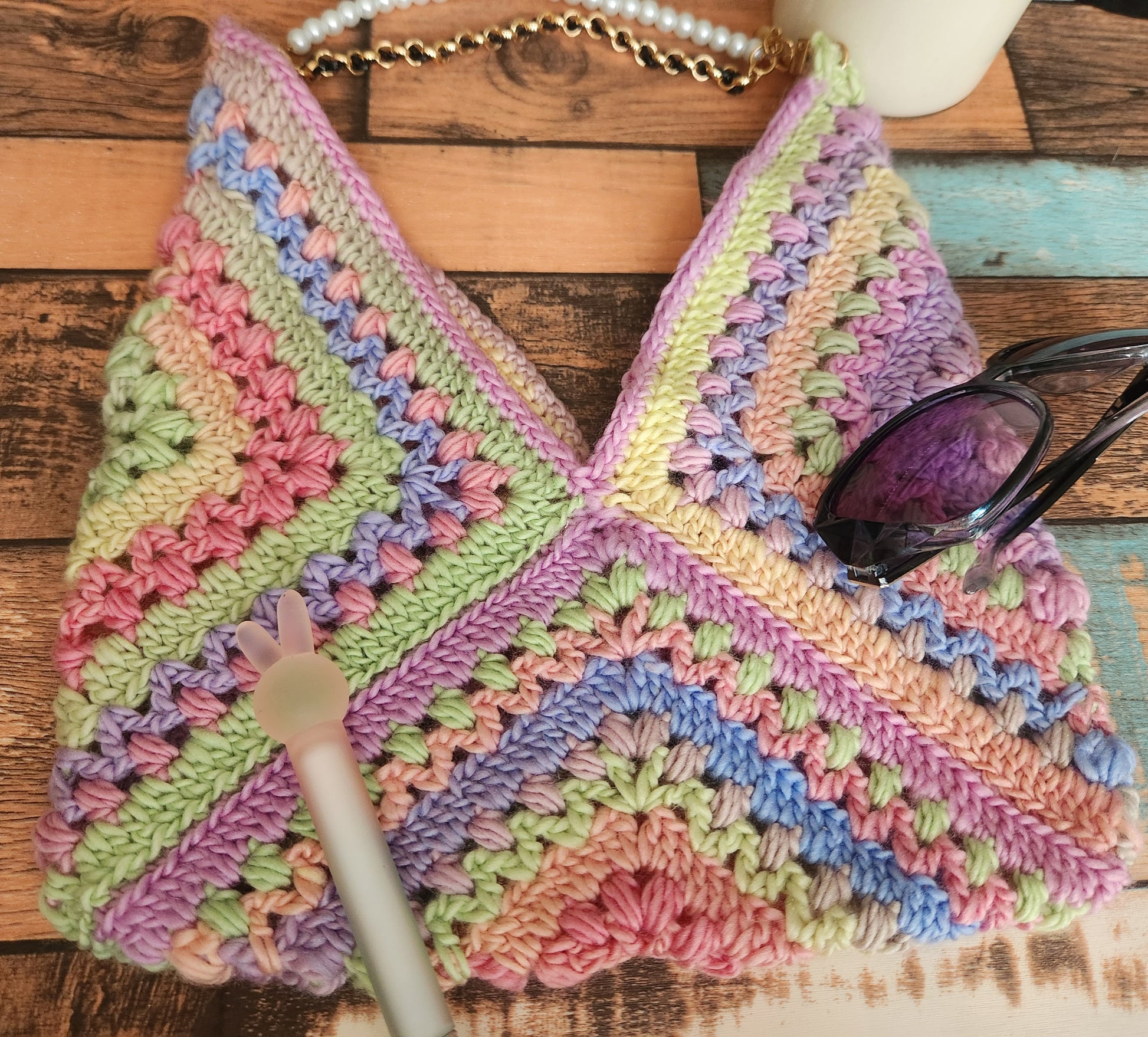 granny square triangle purse cotton candy