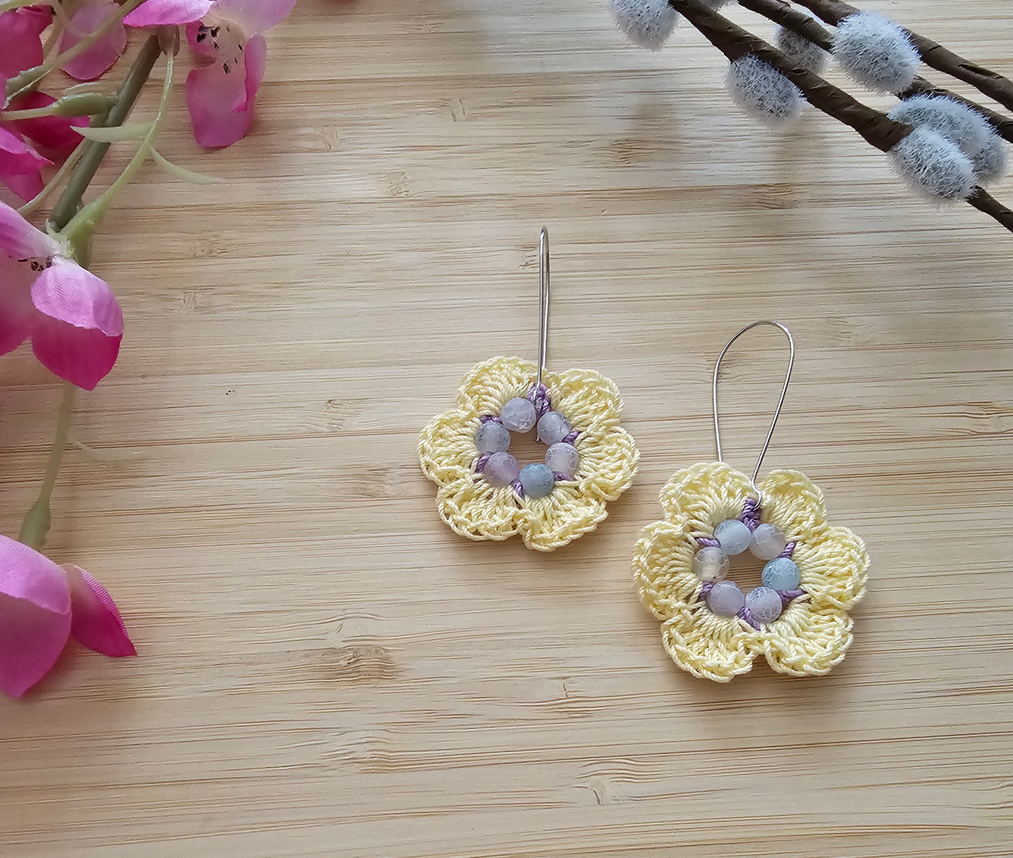 Crocheted flower earrings made with cotton thread and agate, beads, yellow, and purple