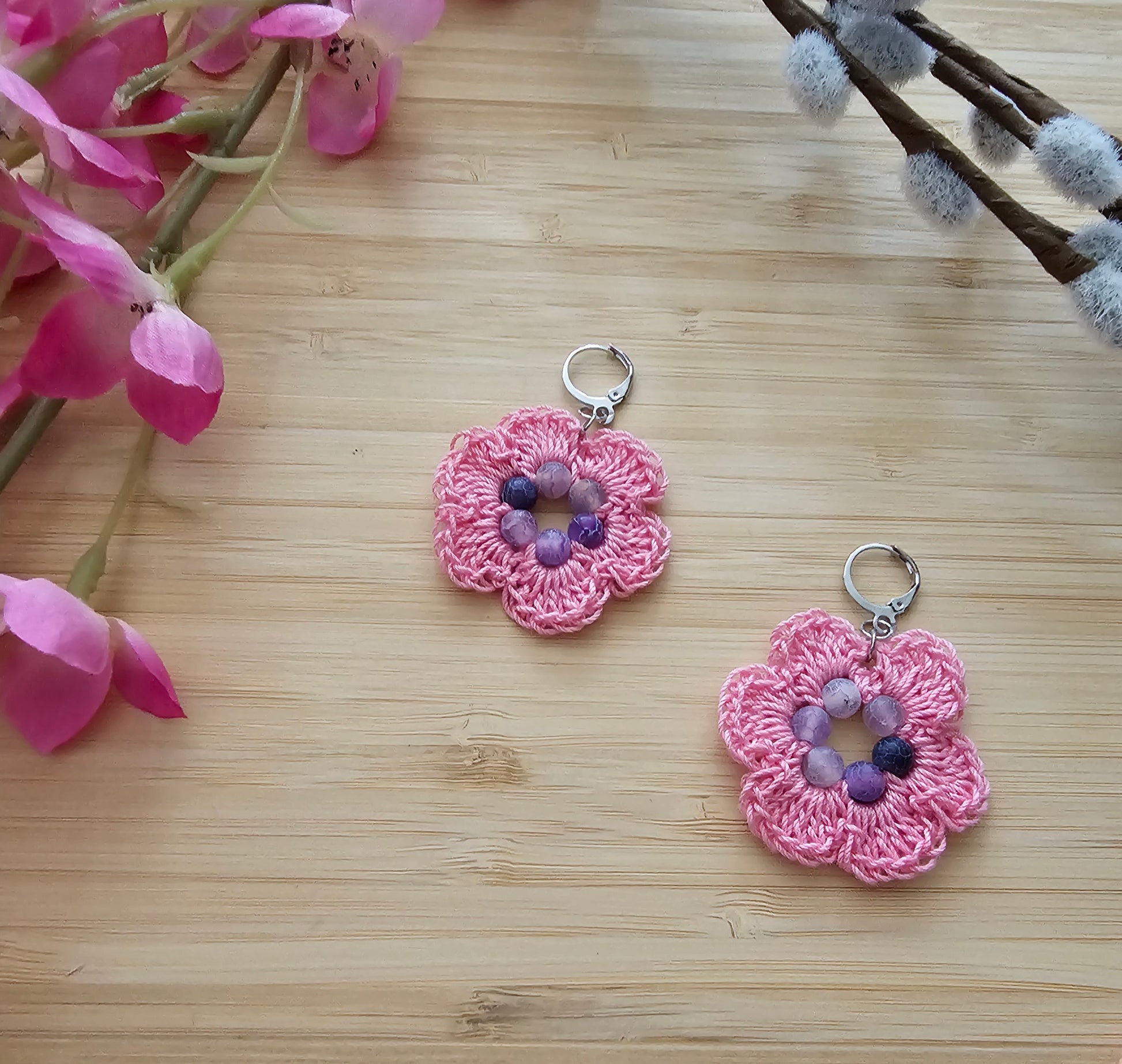 Crocheted flower earrings made from cotton thread, purple and pink with dragon agate beads