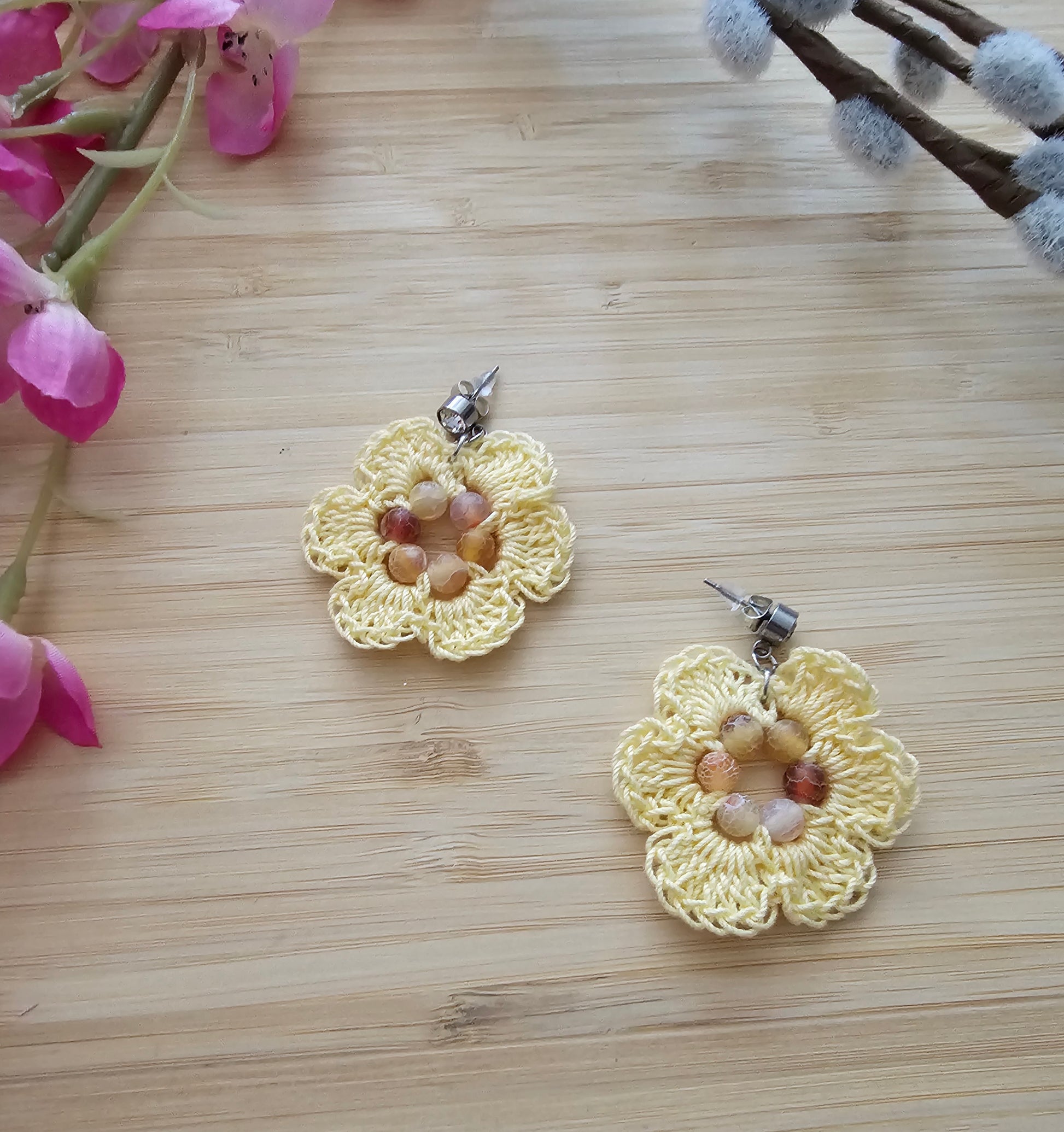 Crocheted flower earrings with dragon, agate beads, yellow