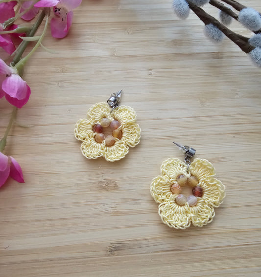 Crocheted flower earrings with dragon, agate beads, yellow