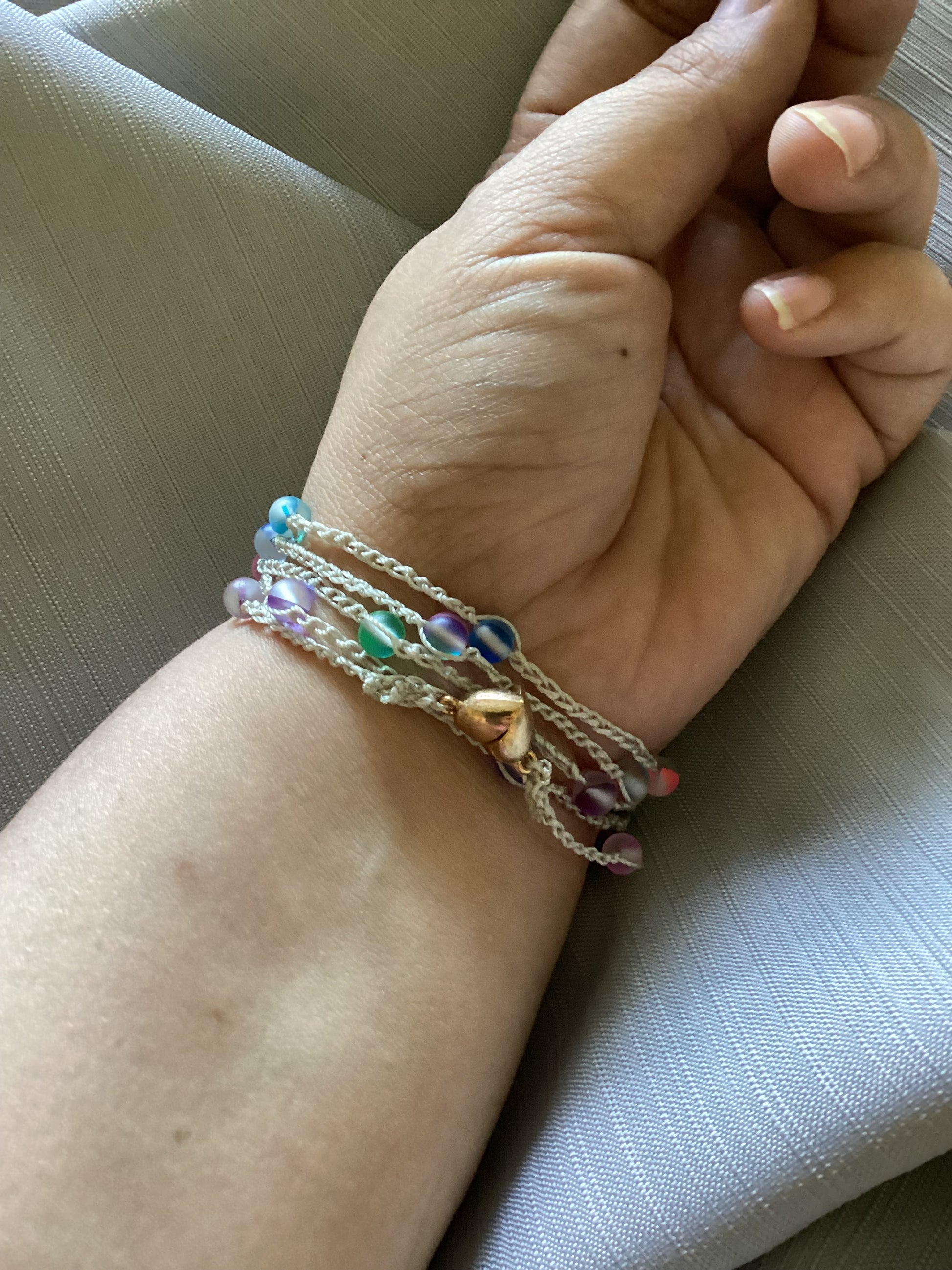 Crocheted necklace wrap/bracelet made with frosted multicoloured beads