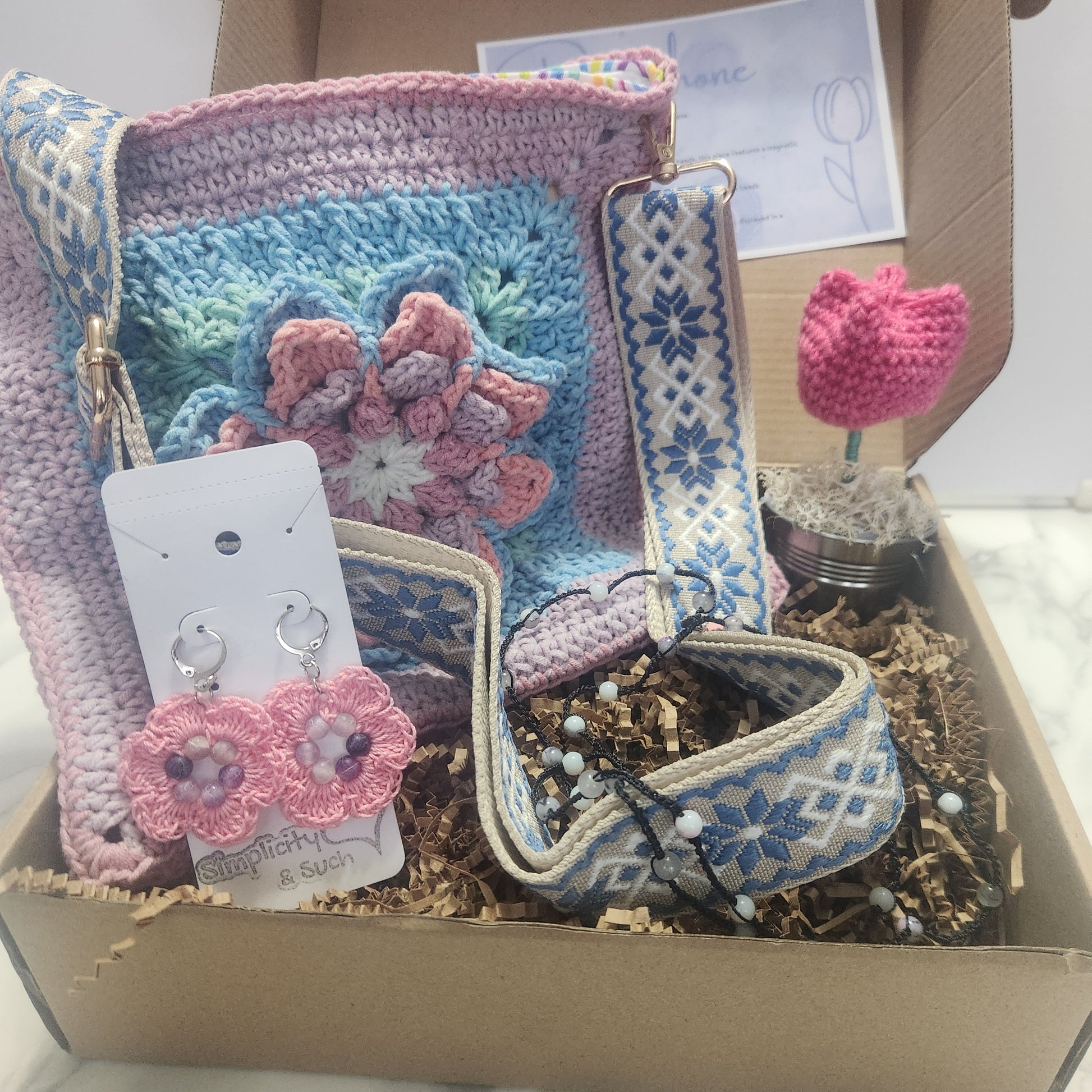 Persephone gift box includes lotus kiss purse, floral earrings, versatile bracelet and crochet tulips  pink theme
