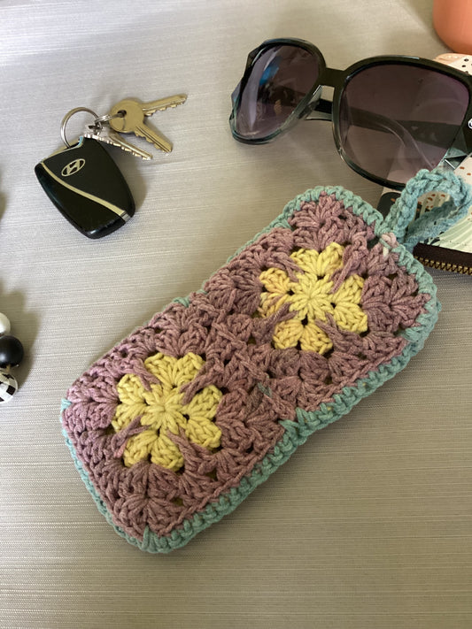 Chic Sun glass case purple, yellow green made of cotton granny square, crochet soft case