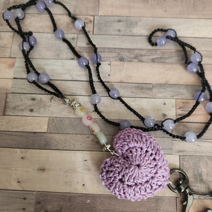 heart lanyard cotton crochet purple heart , black s-lon  cord with purple dyed quartz beads, and the word love 
