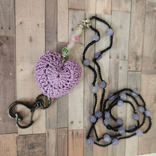 heart lanyard cotton crochet purple heart , black s-lon  cord with purple dyed quartz beads, and the word love 
