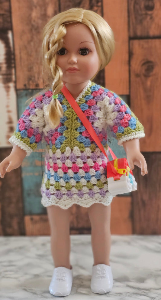 crochet doll dress in colors white pink purple blue and green