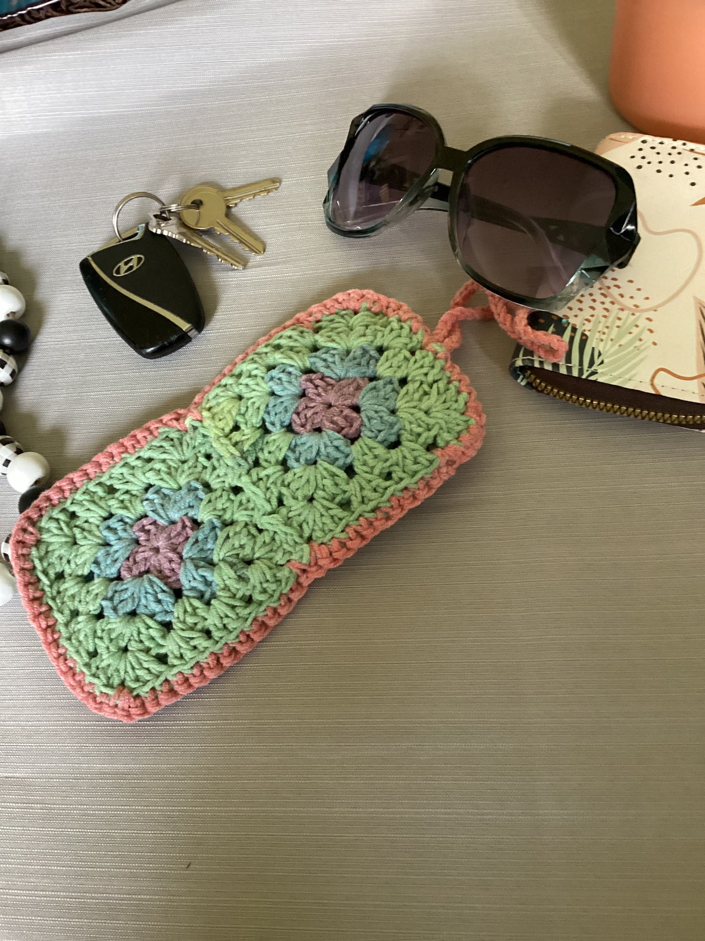 Chic Sun glass case purple, yellow green made of cotton granny square, crochet soft case