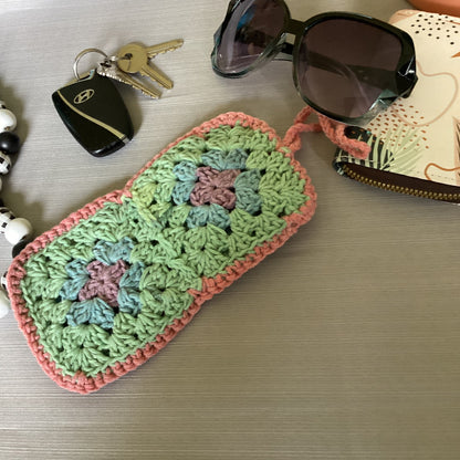 Chic Sun glass case purple, yellow green made of cotton granny square, crochet soft case